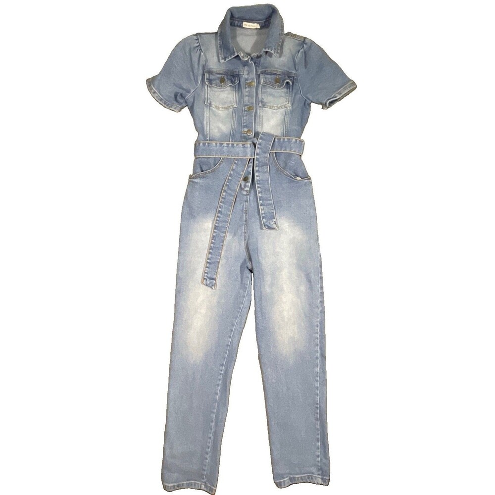 Avec Les Filles Blue Jean Denim Jumpsuit Belted Stretch Pockets Women's Size 28